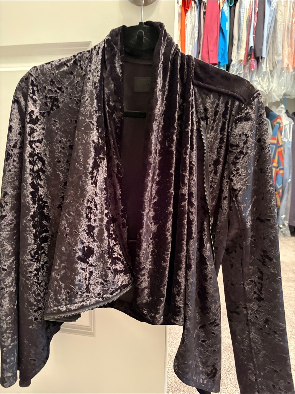 Crushed Velvet Draped Open-Front Jacket - Black